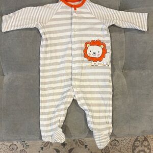 Little Me Gray & White Striped Footie with Orange Lion